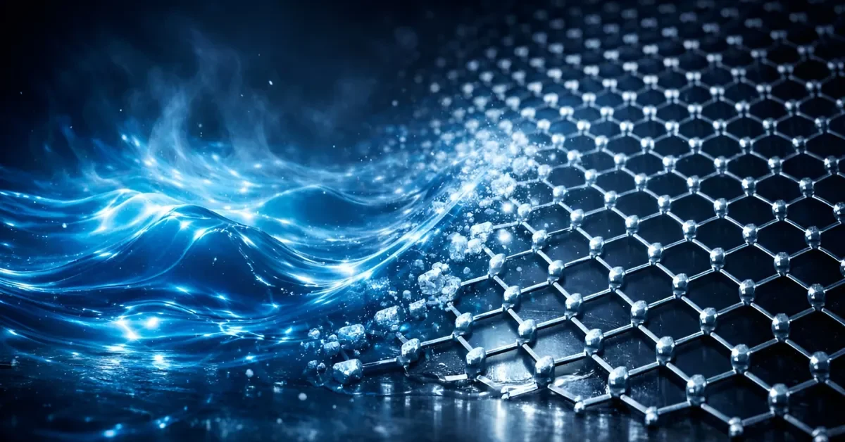 Visualization of a blue superfluid wave freezing into a hexagonal solid lattice structure on a dark background, representing a quantum supersolid phase transition.