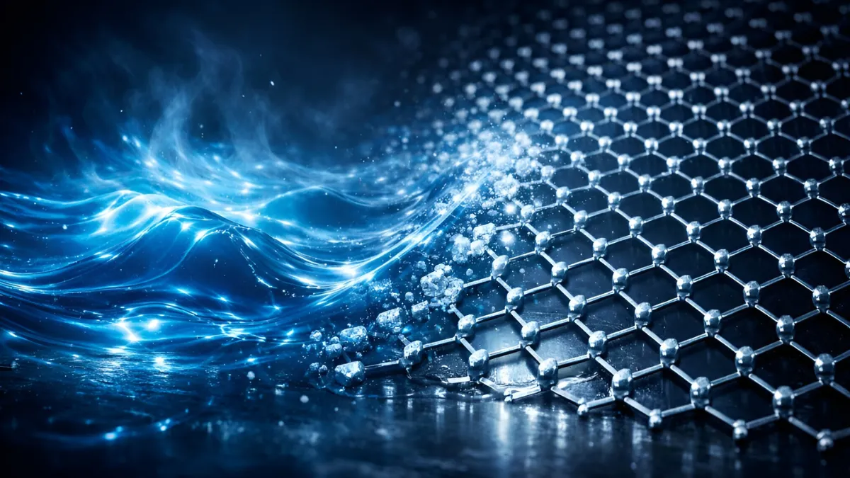 Visualization of a blue superfluid wave freezing into a hexagonal solid lattice structure on a dark background, representing a quantum supersolid phase transition.