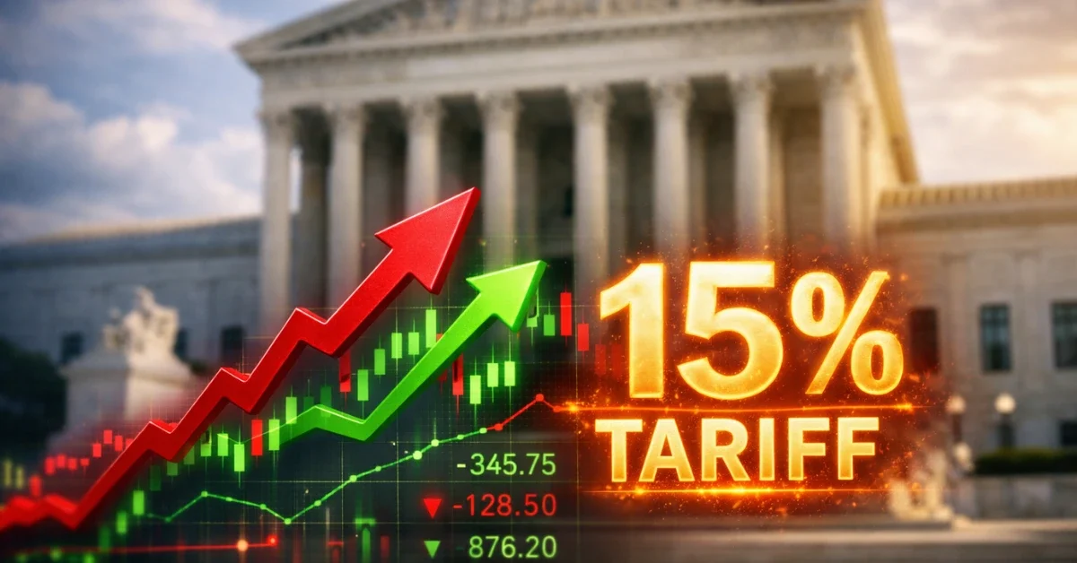 A news-style graphic showing the U.S. Supreme Court building behind digital stock market tickers and a 15 percent tariff symbol.
