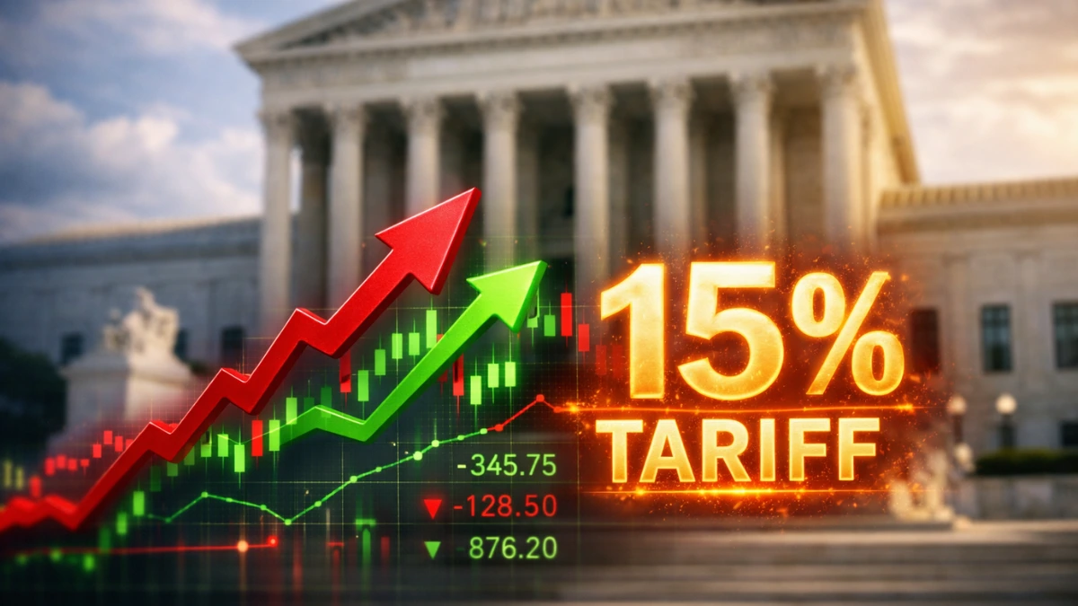 A news-style graphic showing the U.S. Supreme Court building behind digital stock market tickers and a 15 percent tariff symbol.