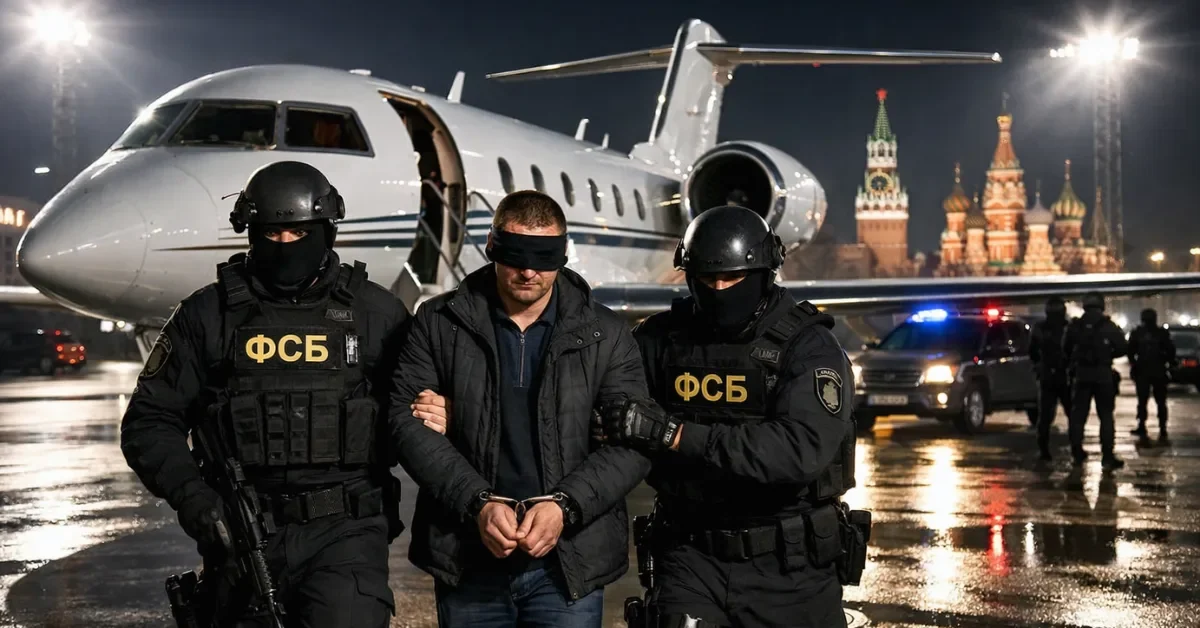 Masked Russian FSB agents escorting a blindfolded suspect from a plane at night following his extradition from Dubai.