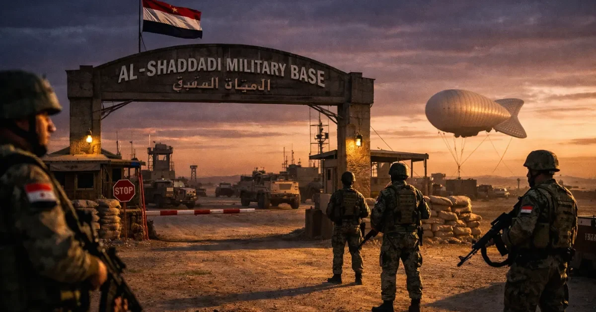 Syrian Army soldiers guarding the entrance of the Al-Shaddadi military base in Hasakah province at dusk following the withdrawal of US forces.