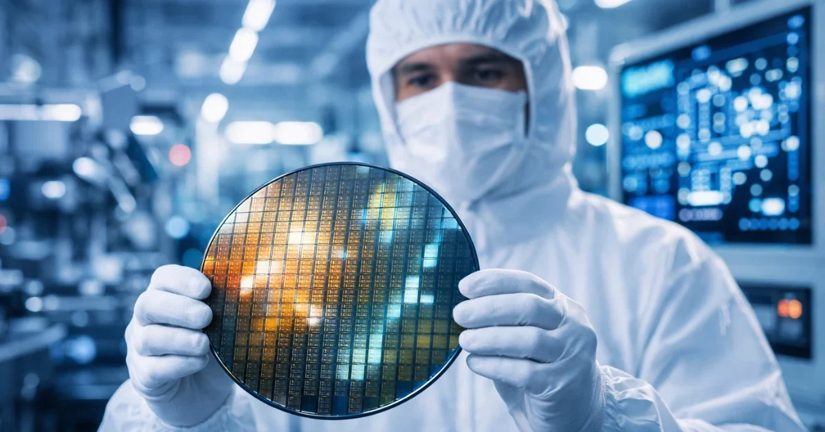 A semiconductor engineer in a cleanroom suit holds a custom AI chip wafer inside a high-tech fabrication facility, representing Taalas' $169 million funding round to develop specialized AI chips to challenge Nvidia.