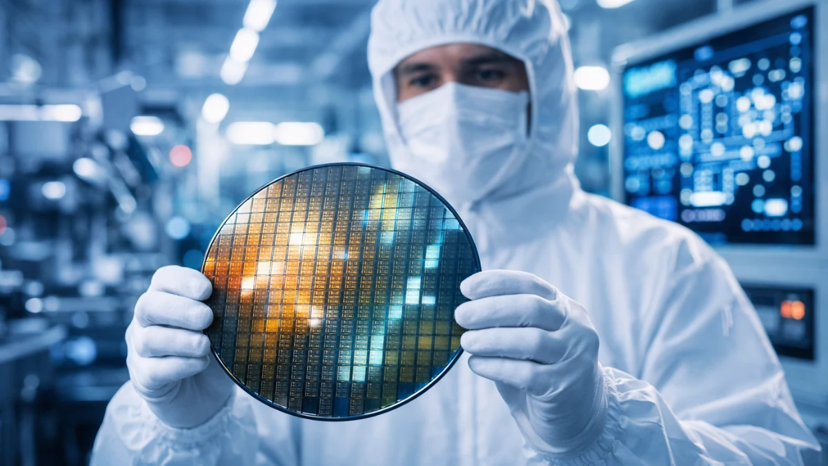 A semiconductor engineer in a cleanroom suit holds a custom AI chip wafer inside a high-tech fabrication facility, representing Taalas' $169 million funding round to develop specialized AI chips to challenge Nvidia.