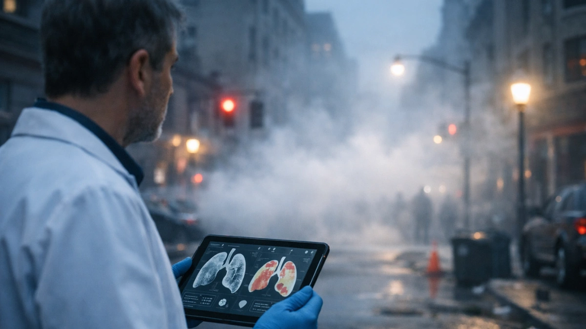 A medical professional in a white coat observing a hazy cloud of chemical irritants on a city street at dusk while reviewing lung diagrams on a tablet.