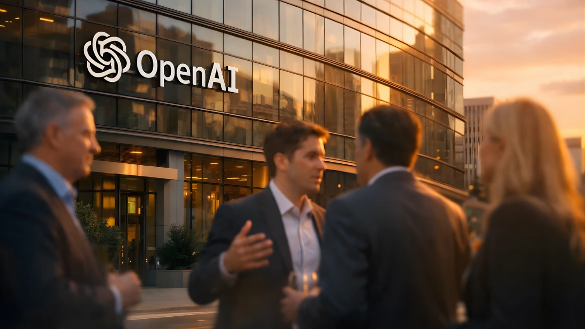 OpenAI headquarters building in San Francisco with executives discussing major investment deal.