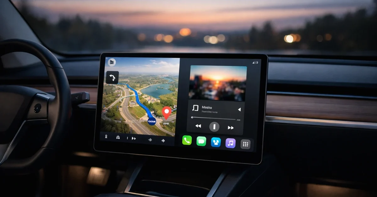 A car interior with a large central touchscreen shown prominently, suggesting navigation and smartphone integration displayed side by side in a modern infotainment layout.