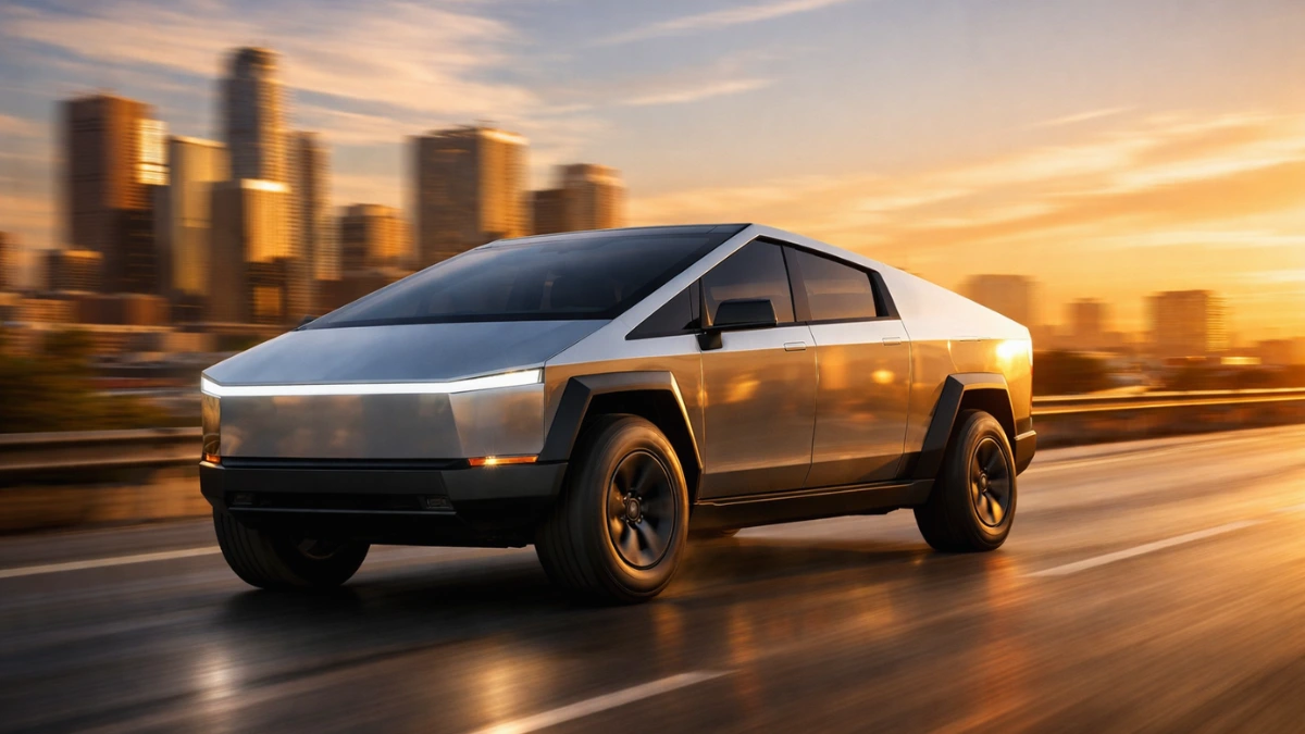 A silver Tesla Cybertruck driving on a city highway during golden hour, showcasing the electric pickup truck's angular stainless steel design.