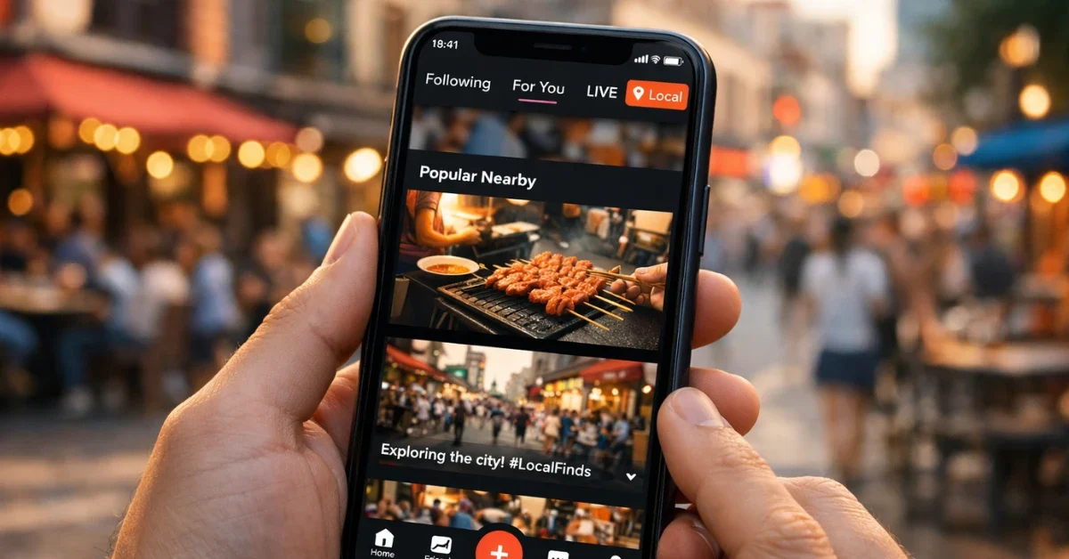 A person holding a smartphone displaying the new TikTok Local Feed tab in a busy city environment with restaurants and shops in the background.