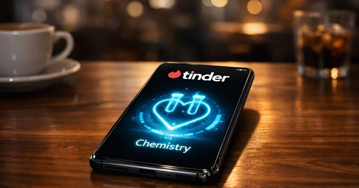 A smartphone on a cafe table displaying the Tinder app with a new glowing AI "Chemistry" feature interface.
