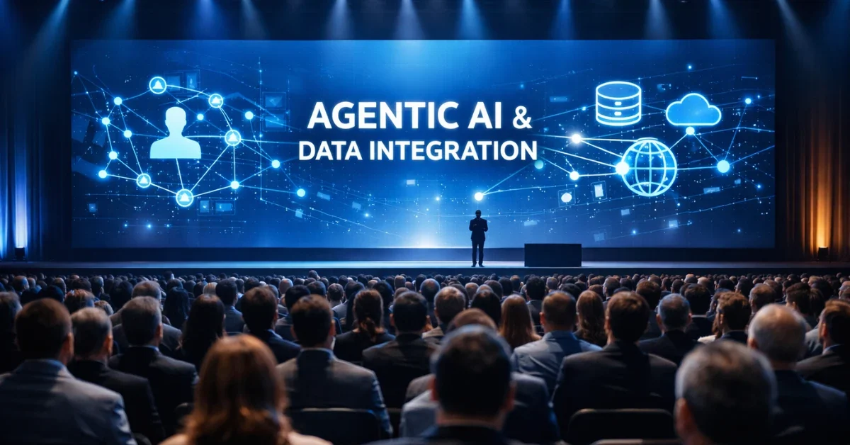 A large, high-tech auditorium filled with professionals attending a major AI and data conference in 2026, featuring a large digital display of an AI network on stage.