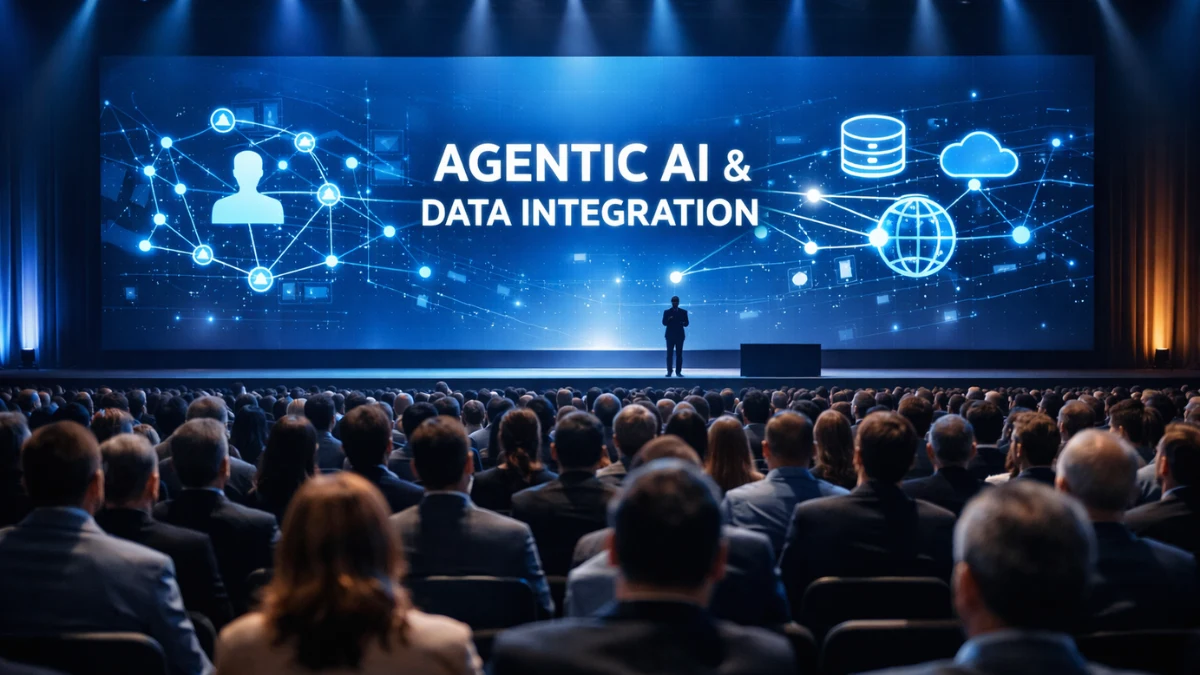 A large, high-tech auditorium filled with professionals attending a major AI and data conference in 2026, featuring a large digital display of an AI network on stage.