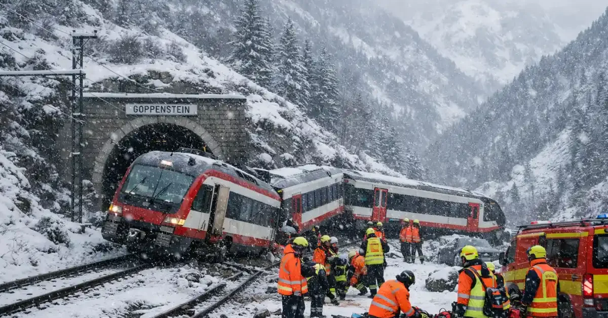 Derailed regional train on snow-covered tracks near tunnel in Swiss Alps with rescue workers responding to avalanche-caused accident in Goppenstein, Valais