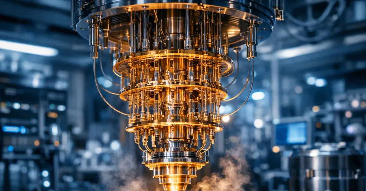 A glowing quantum computing core suspended in a high-tech physics laboratory cooling chamber, representing advanced superconductor technology.