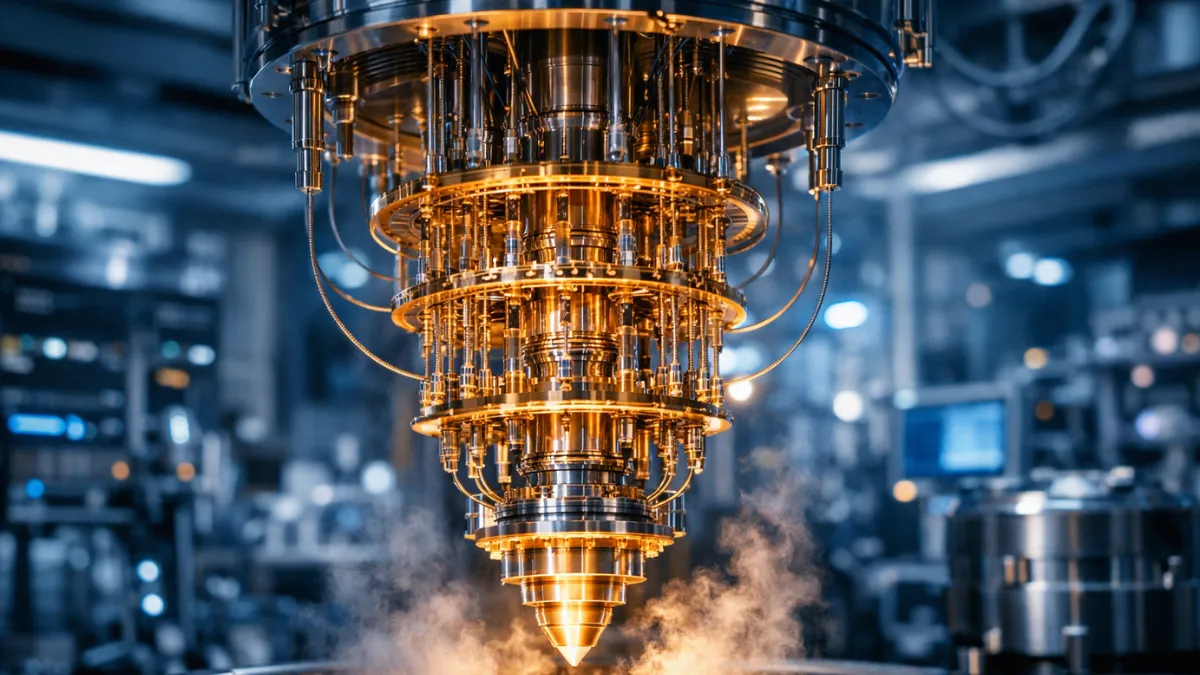 A glowing quantum computing core suspended in a high-tech physics laboratory cooling chamber, representing advanced superconductor technology.