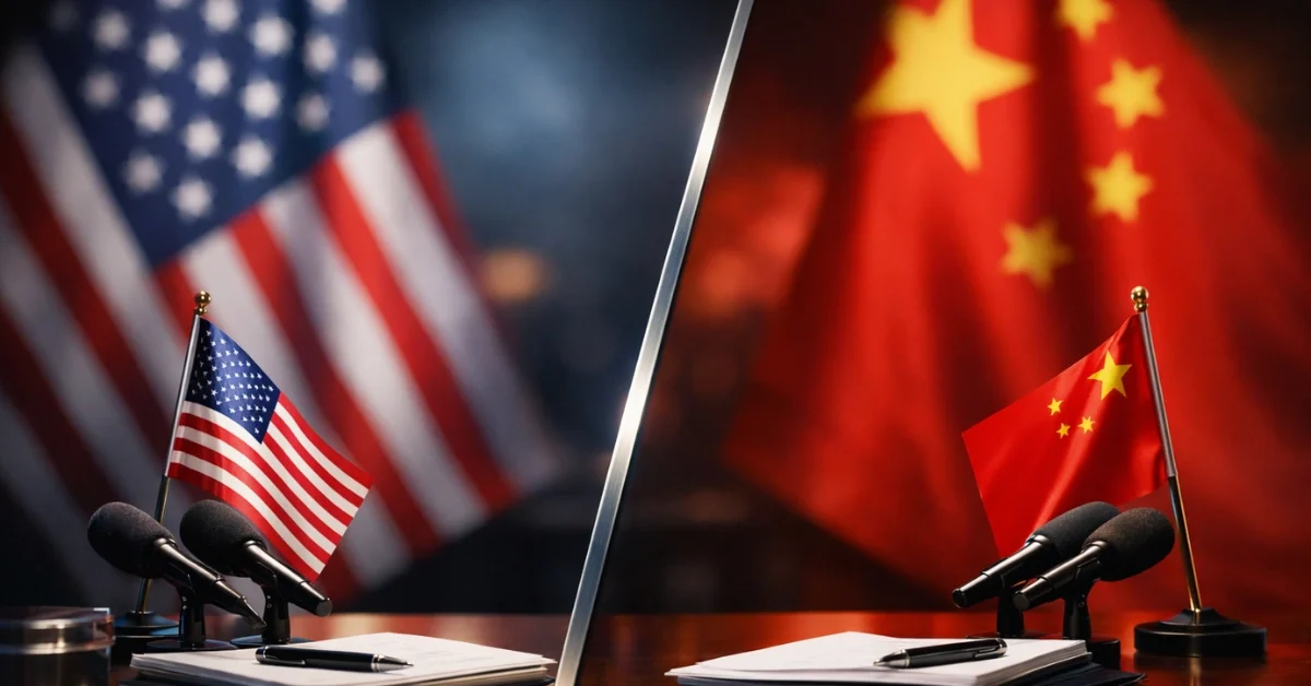 A formal diplomatic background featuring out-of-focus American and Chinese flags representing the upcoming international summit.