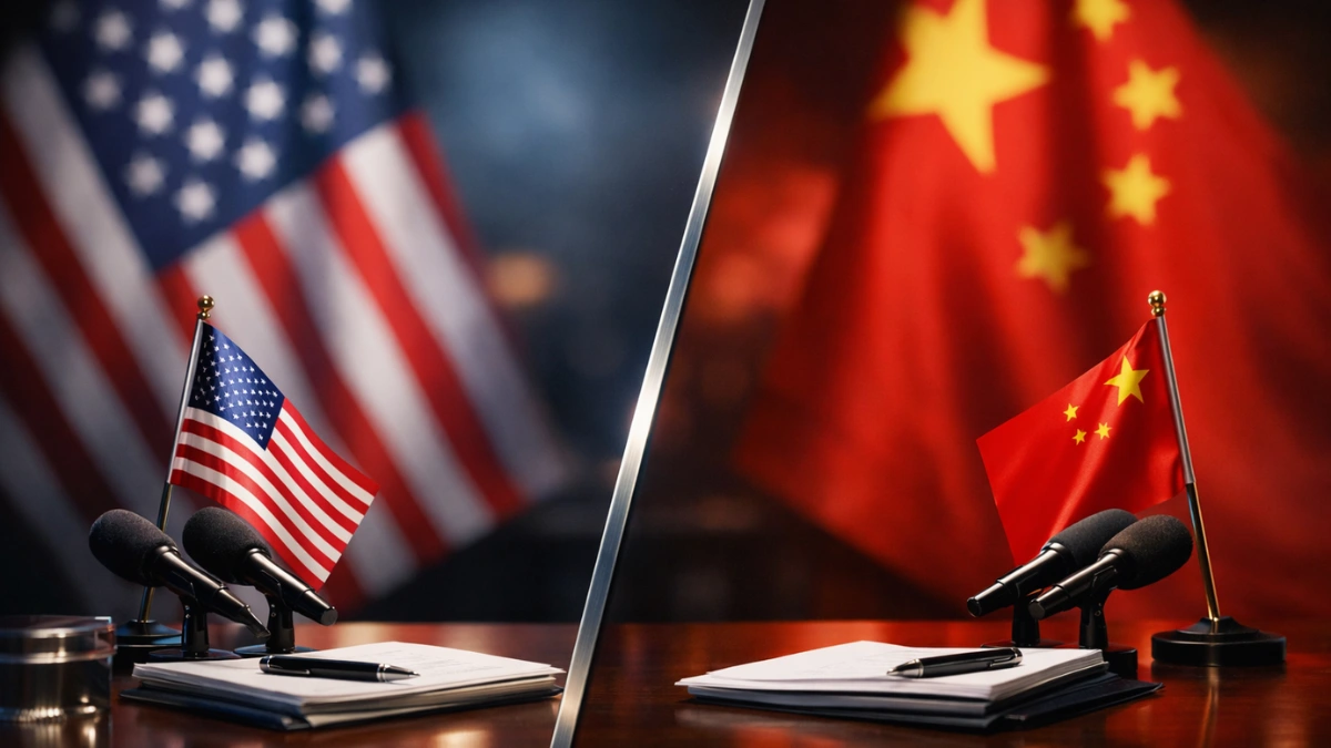 A formal diplomatic background featuring out-of-focus American and Chinese flags representing the upcoming international summit.