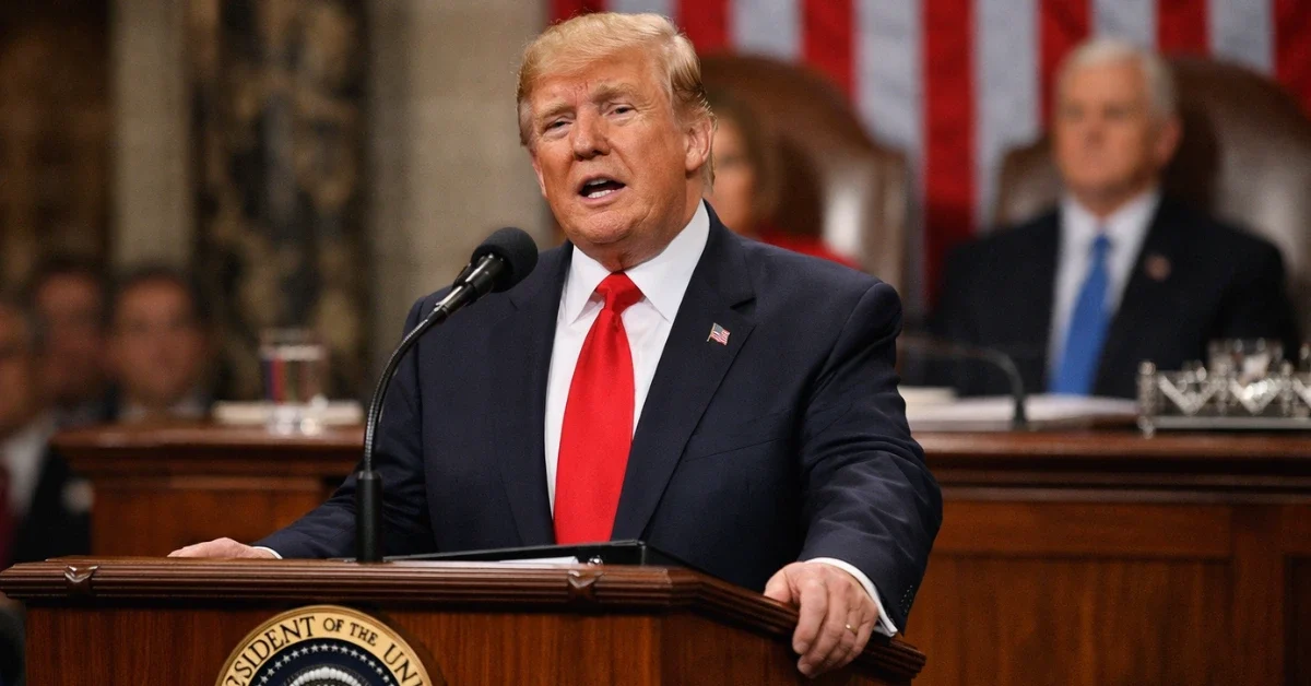President Donald Trump delivers the State of the Union address at the podium in the United States Capitol chamber.