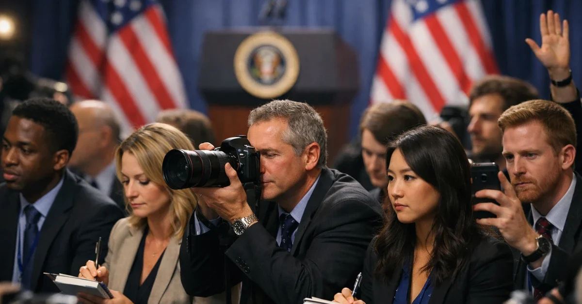 Journalists taking notes and photographing at a crowded Washington D.C. press conference regarding international trade policy.