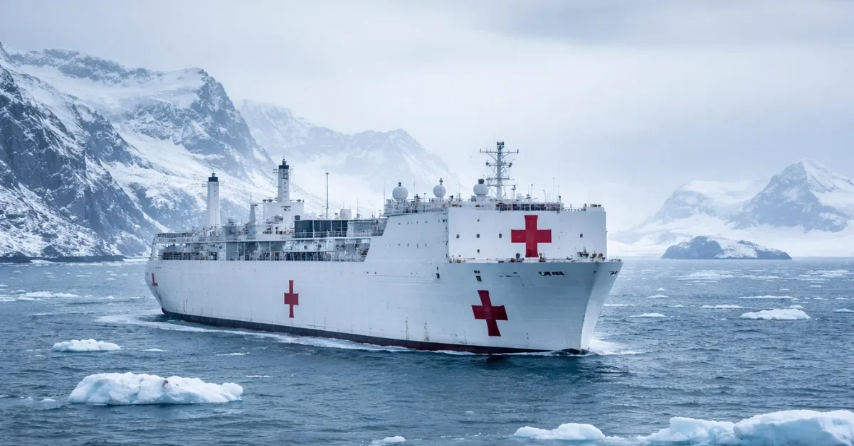 A large US Navy hospital ship with red cross markings sailing through icy Arctic waters near a snow-covered coastline, representing the Trump administration's proposal to send a hospital vessel to Greenland.