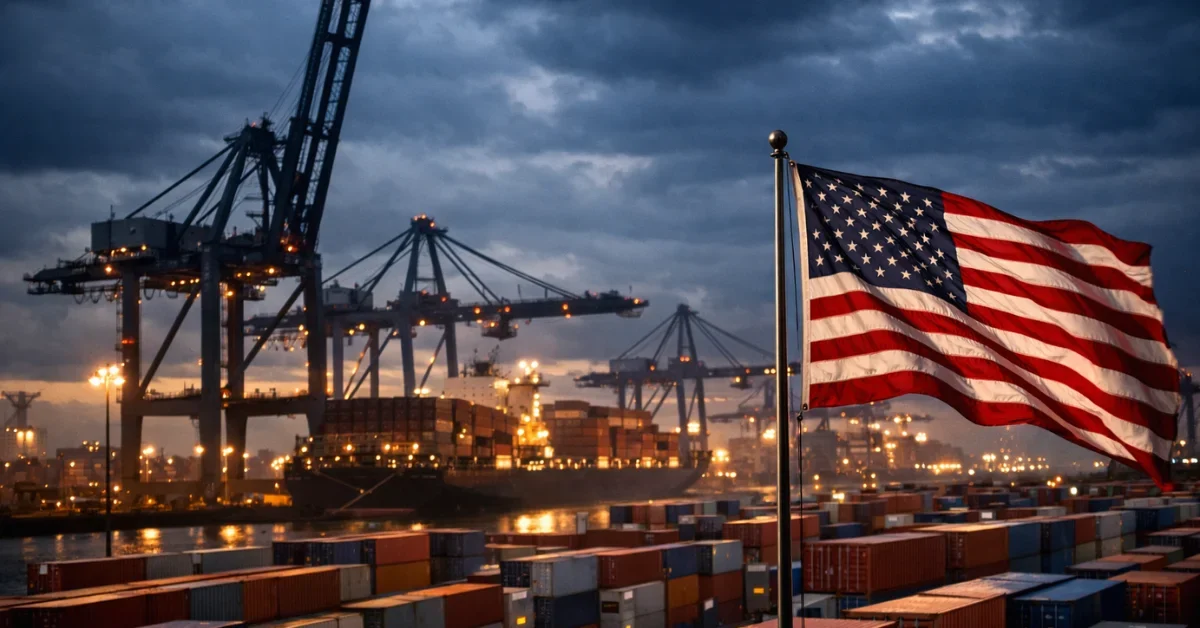 Rows of colorful shipping containers and large industrial cranes at an international cargo port at dusk, with an American flag waving in the foreground.