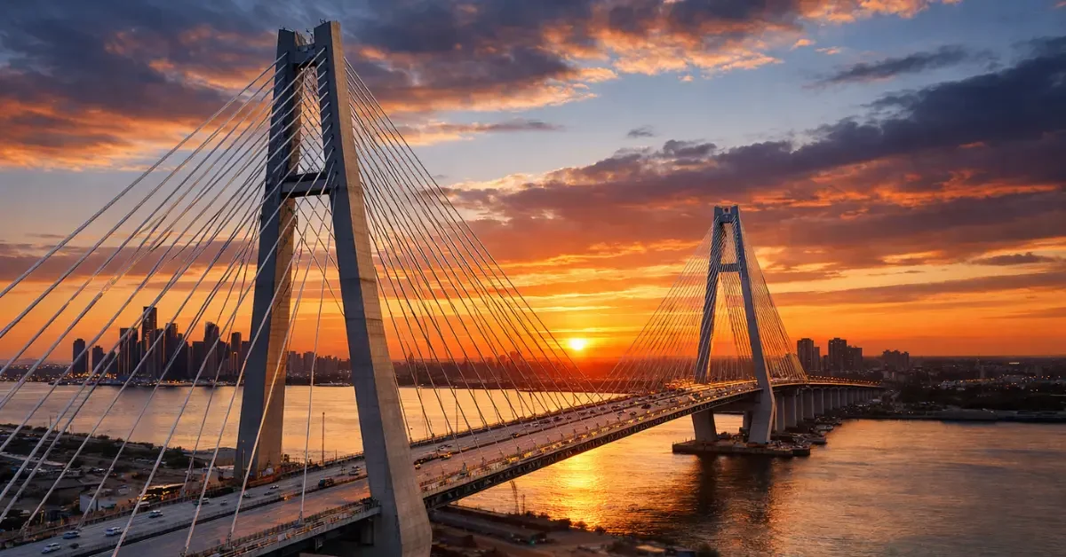An aerial view of the nearly completed Gordie Howe International Bridge at sunset, showing its tall towers and cables connecting Detroit and Windsor.
