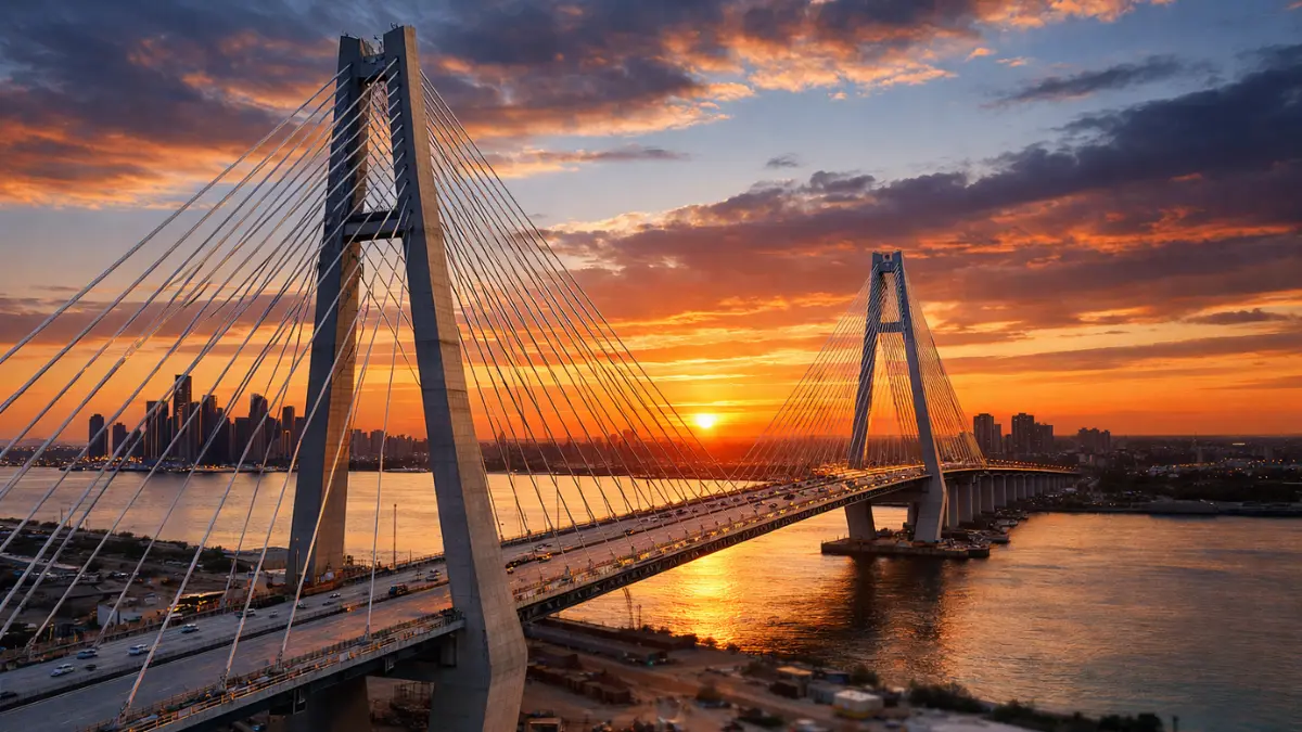 An aerial view of the nearly completed Gordie Howe International Bridge at sunset, showing its tall towers and cables connecting Detroit and Windsor.