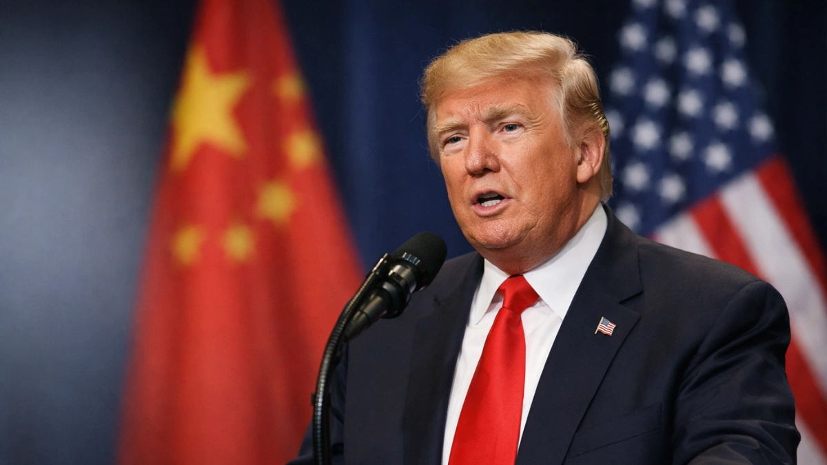 A news-style image of President Donald Trump speaking at a podium with blurred US and Chinese flags in the background.