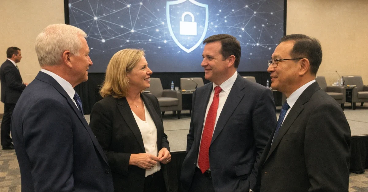 Business leaders standing in a modern conference venue with a digital security-themed backdrop.