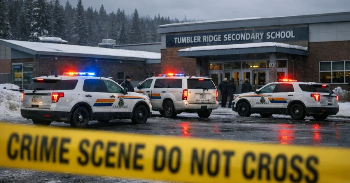 RCMP vehicles with flashing lights parked behind police tape at Tumbler Ridge Secondary School following a mass shooting incident.