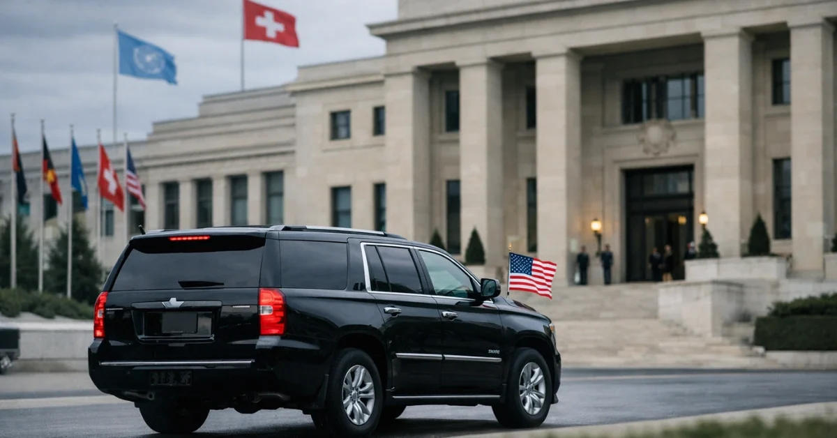 A black SUV flying an American flag arrives at a formal diplomatic building in Geneva for U.S.-Iran nuclear talks.