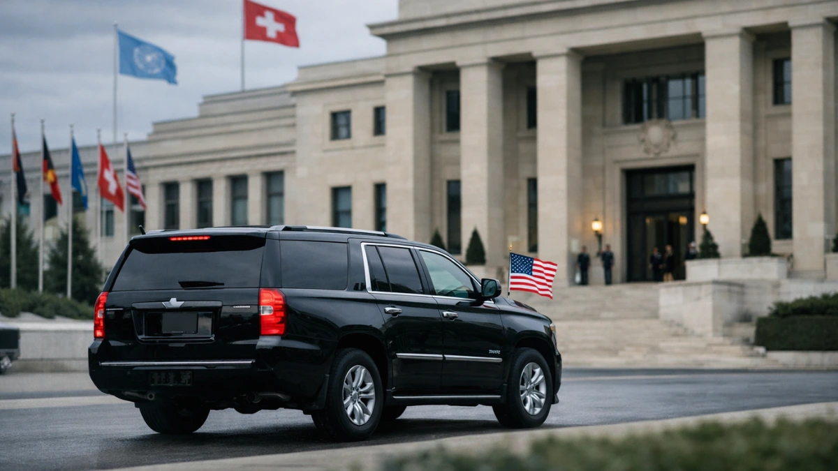 A black SUV flying an American flag arrives at a formal diplomatic building in Geneva for U.S.-Iran nuclear talks.