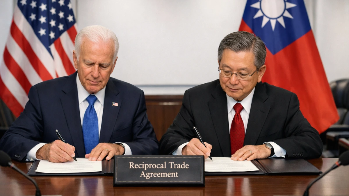 Two officials sign a document at a formal table with U.S. and Taiwan flags in the background.