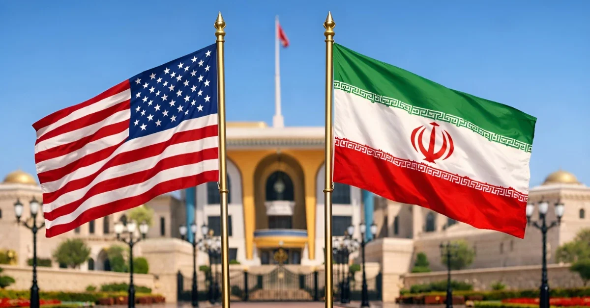 The national flags of the United States and Iran waving side-by-side in front of the Al Alam Palace in Muscat, Oman, representing the upcoming nuclear talks.