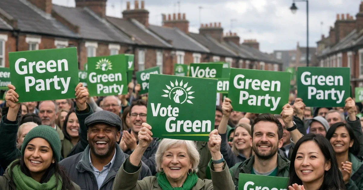 A diverse crowd of people holding Green Party political signs and banners during a daytime outdoor rally in a British urban neighborhood.