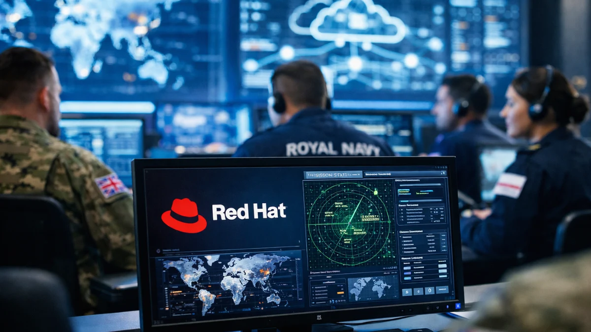 Military personnel in a high-tech command centre working on a unified digital platform for the UK Ministry of Defence.
