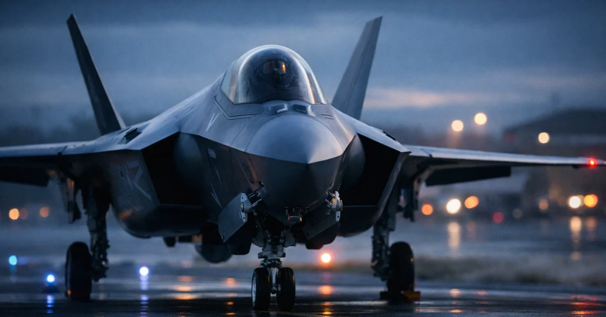 A hyper-realistic image of an F-35 fighter jet parked on a dimly lit military runway at dusk.