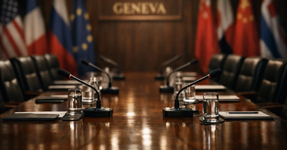 An empty, formal diplomatic conference room with microphones and polished wooden tables, representing the high-stakes US-Iran nuclear negotiations in Geneva.