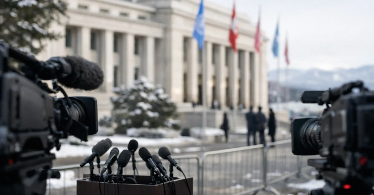 TV cameras and journalists outside a secure diplomatic building in Geneva, Switzerland, ahead of high-level talks.