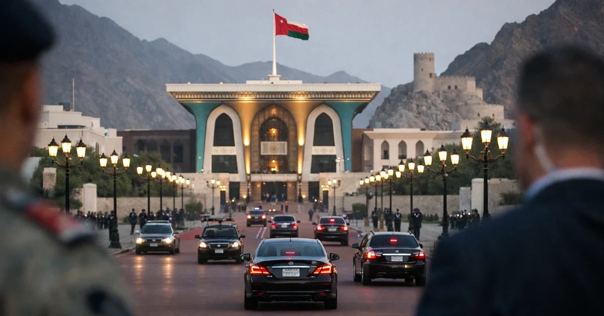 A wide news-style view of an official area in Muscat, Oman, with diplomatic vehicles and security in the distance under neutral lighting.