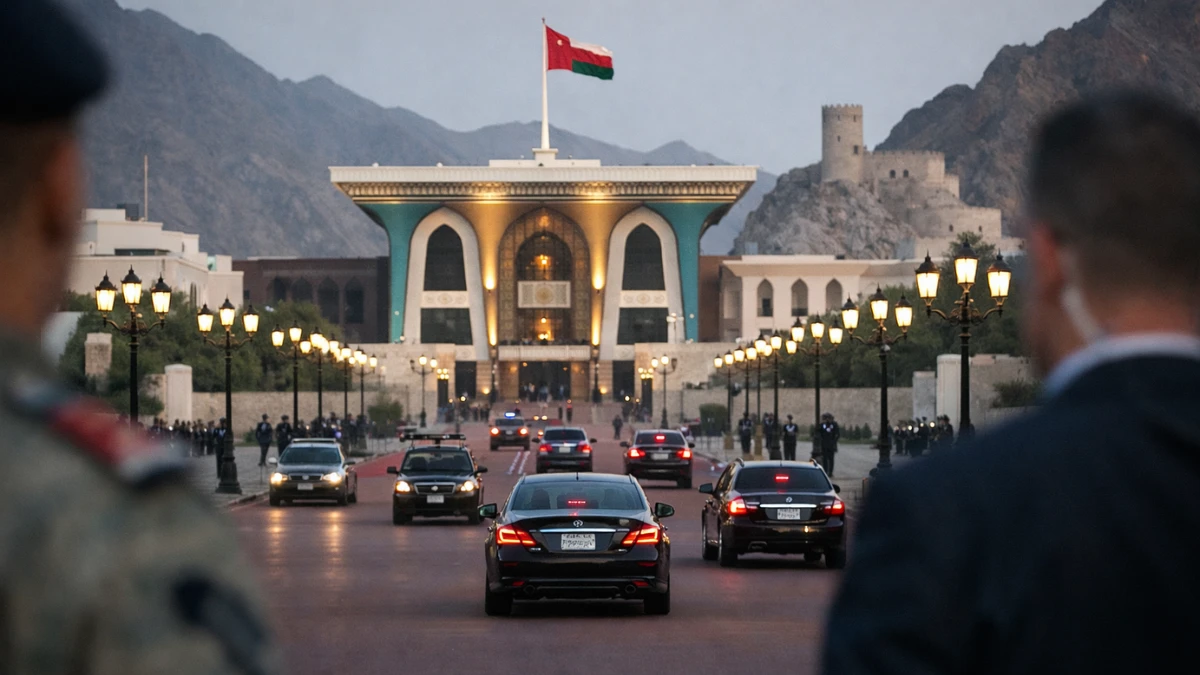 A wide news-style view of an official area in Muscat, Oman, with diplomatic vehicles and security in the distance under neutral lighting.