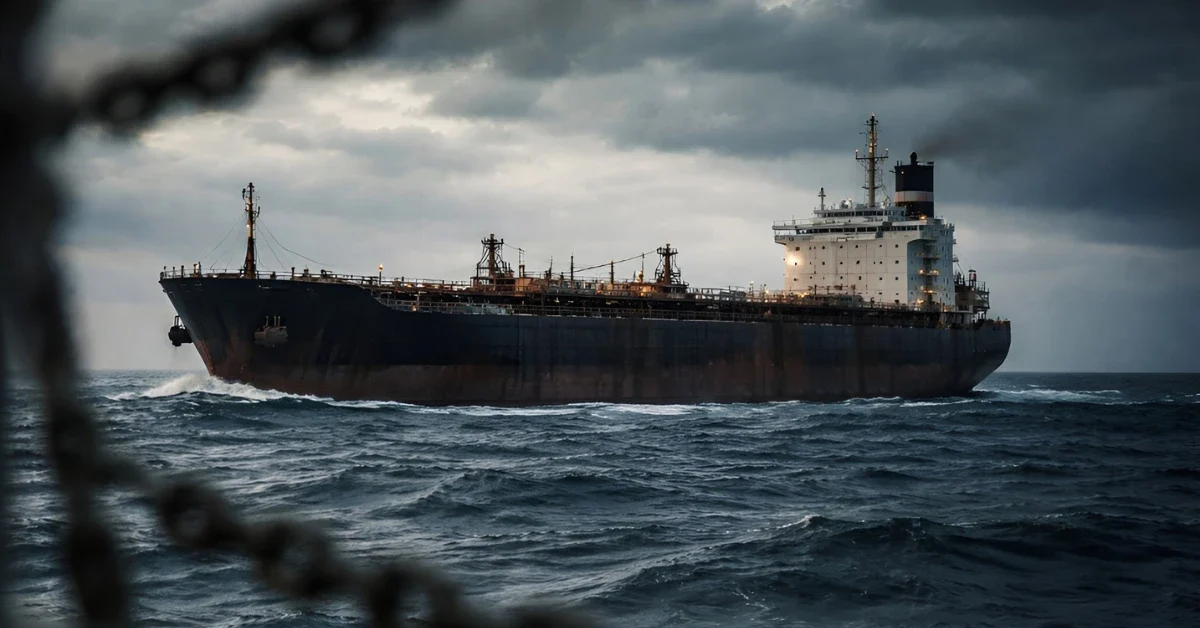 A large oil tanker sailing on dark ocean waters under a cloudy sky, representing the shadow fleet targeted by US sanctions.