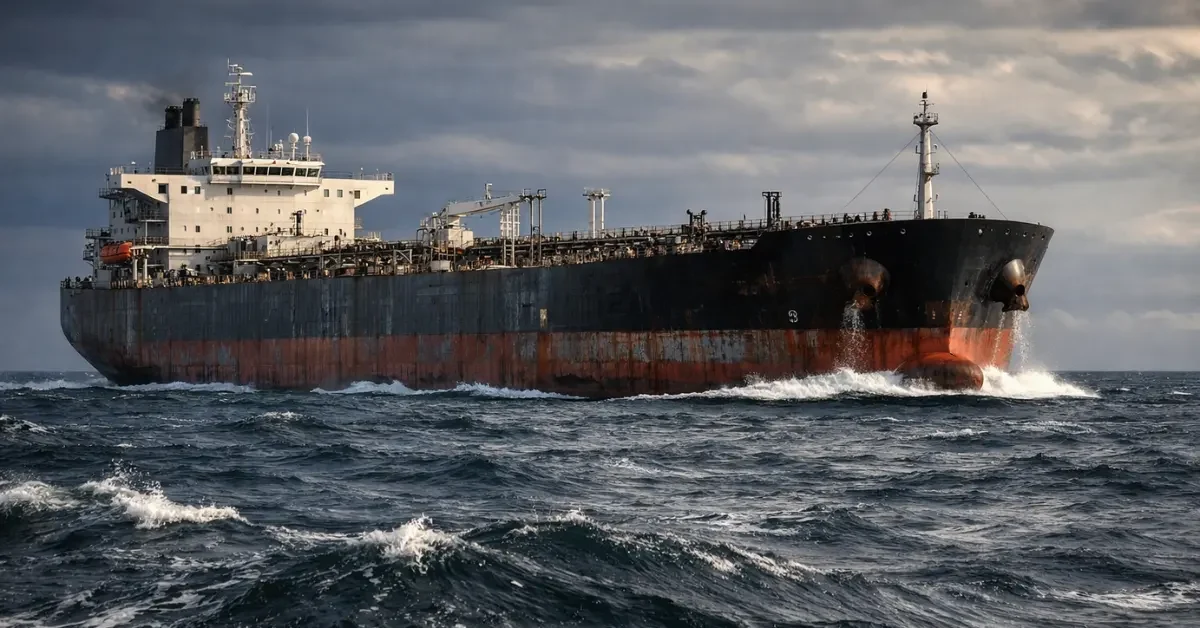 A large oil tanker sailing on the open ocean under a cloudy sky, representing the sanctioned Iranian shadow fleet.