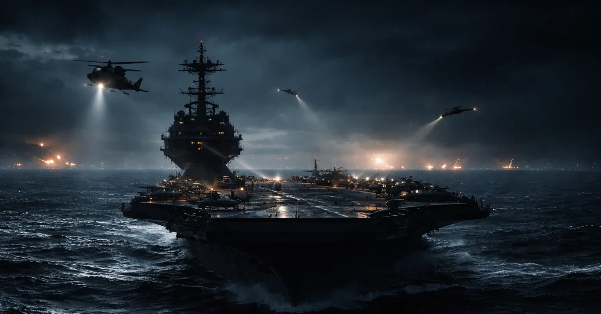 A silhouette of an aircraft carrier at sea at night during a military operation.