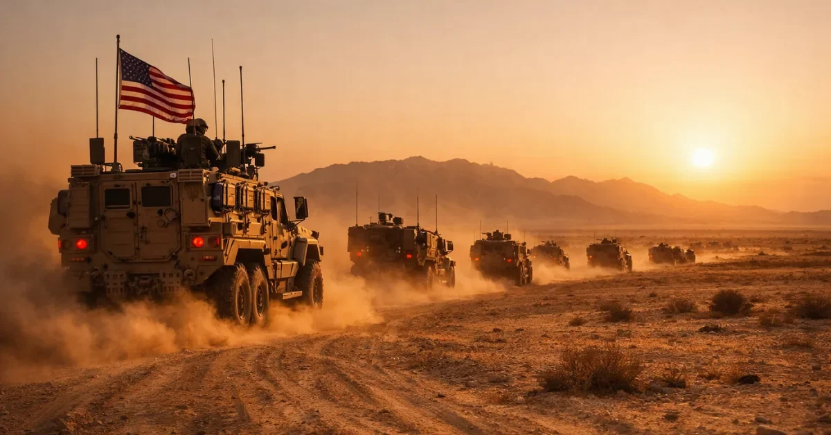A convoy of US military armored vehicles driving through the Syrian desert at sunset, symbolizing the withdrawal of American troops.