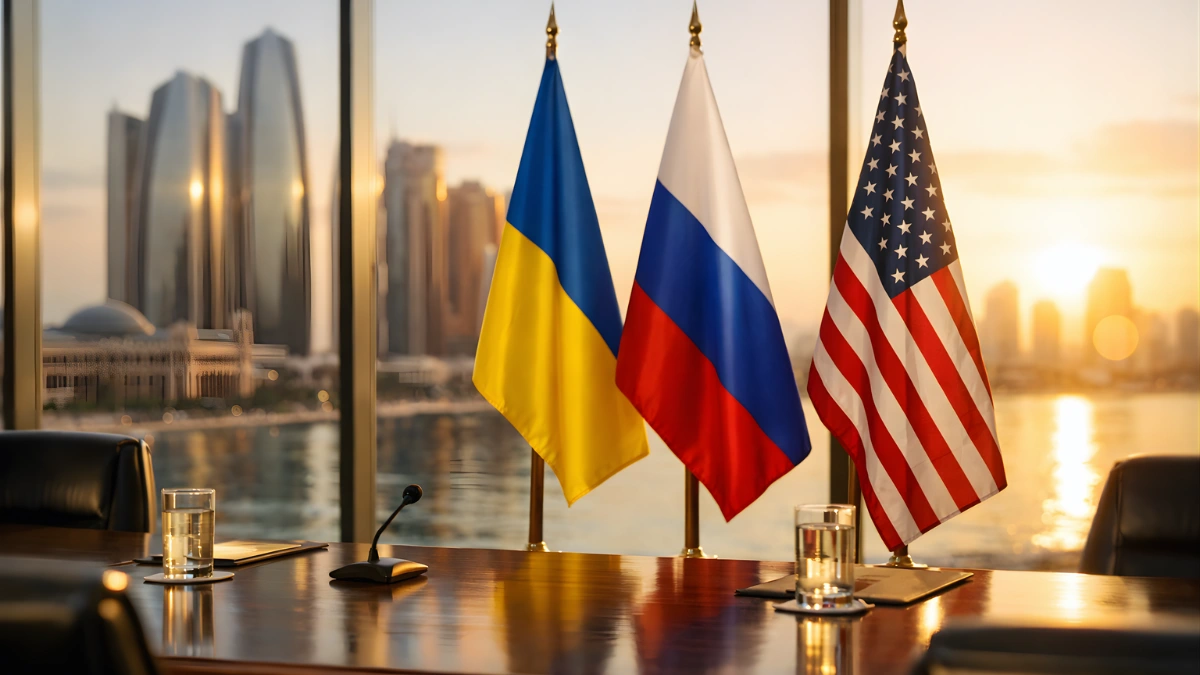Ukrainian, Russian, and American flags displayed in a conference room with the Abu Dhabi skyline visible through large windows, representing upcoming trilateral peace talks.