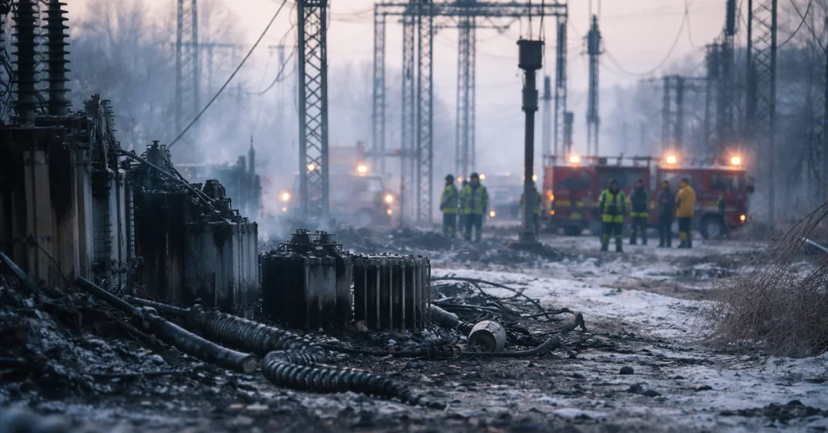 A wide view of a damaged electrical substation at dawn with repair crews working in the distance and light smoke rising in winter conditions.