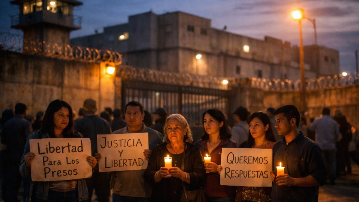 Family members and supporters hold a candlelight vigil outside a Venezuelan prison, advocating for the release of political prisoners under Venezuela's new amnesty law.