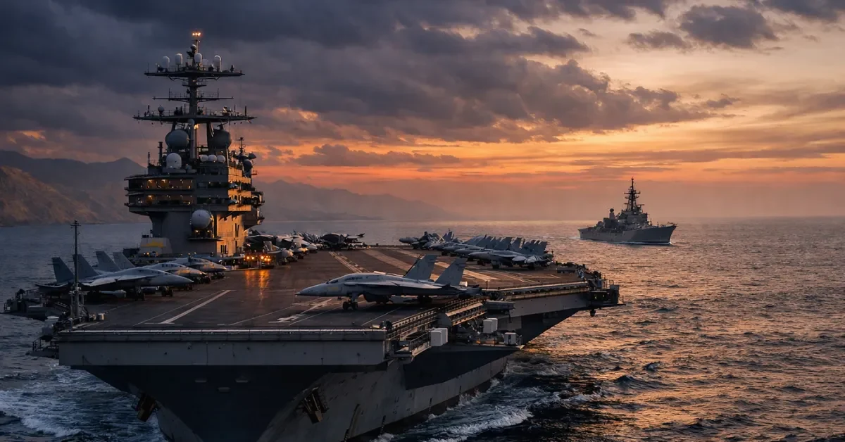 A wide, news-style image of a U.S. aircraft carrier at sea at dusk with fighter jets on its deck and another naval ship in the background.