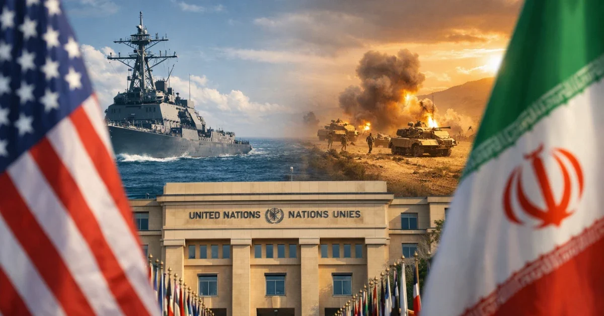 The United Nations building in Geneva where nuclear talks are held, contrasted with a split background showing a U.S. battleship and Iranian military exercises.